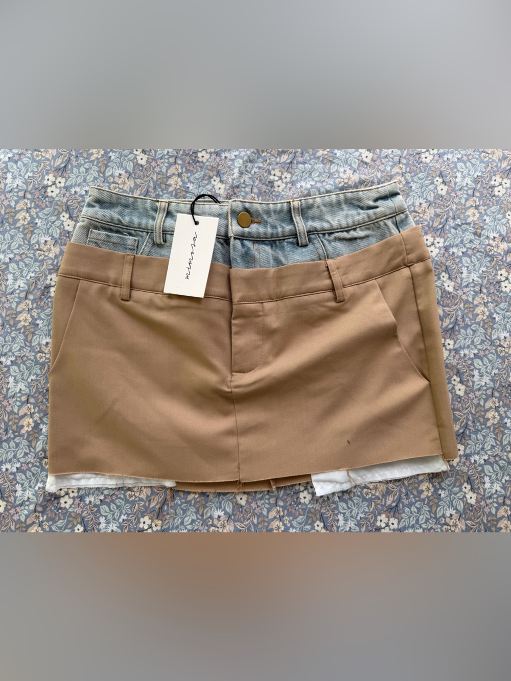 Mimosa High-Rise Khaki Skirt with Denim Waist Detail